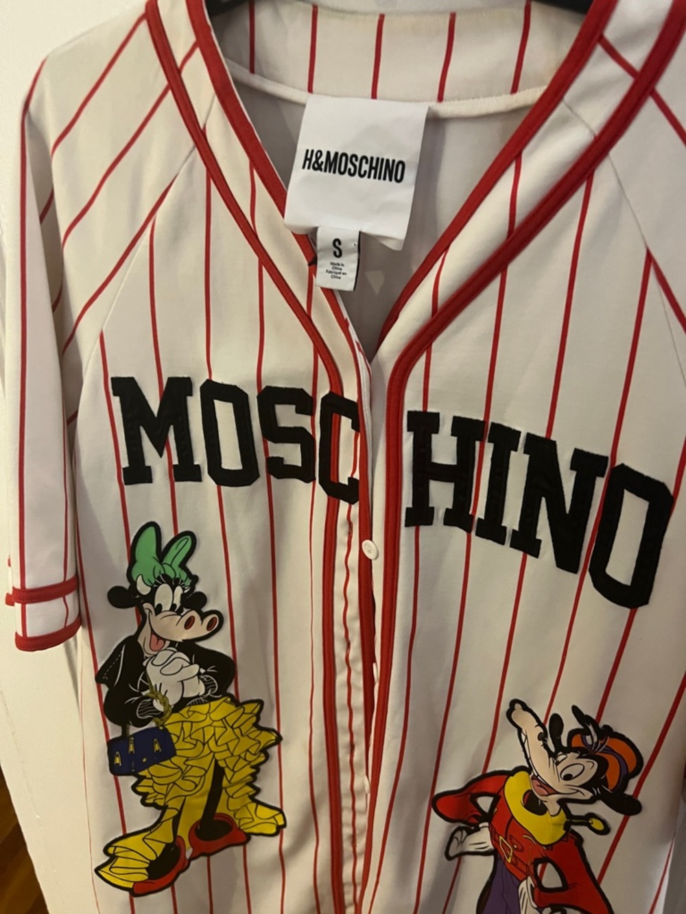 H&M MOSCHINO White & Red Pinstripe Disney Baseball Jersey - Picture 3 of 9